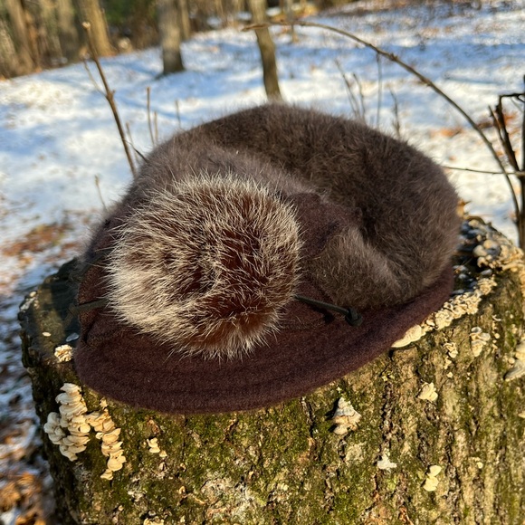 Y2K Angora Rabbit Fur Knit Hat + Genuine Fur Accent Brown - Picture 16 of 16